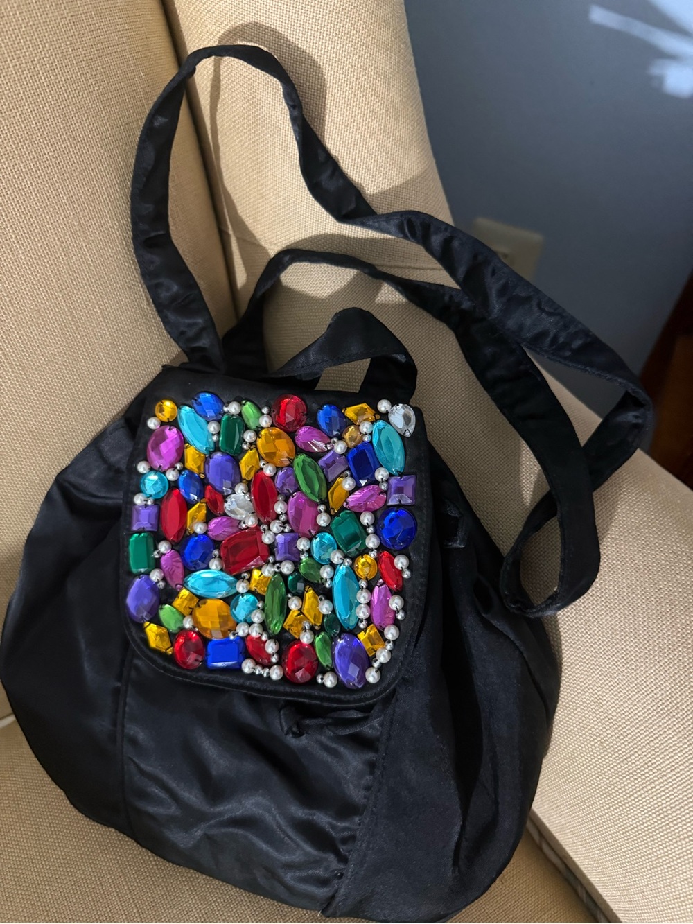 Vintage Express Satin Jeweled Shoulder Bag Colorful Rhinestone Purse Y2K